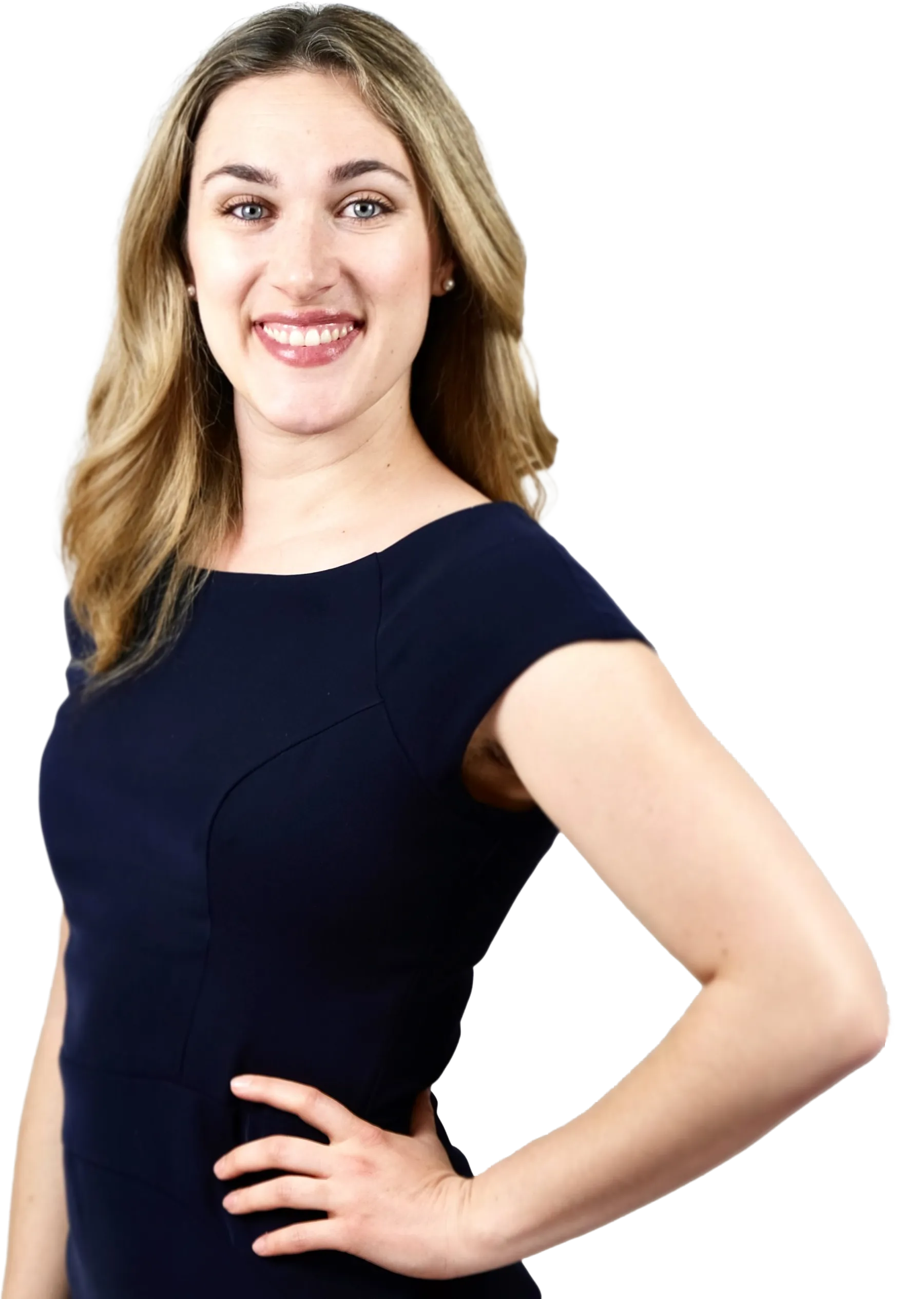 Rachel Duval smiling, wearing a navy dress